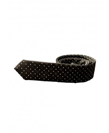 Narrow black tie with white polka dots