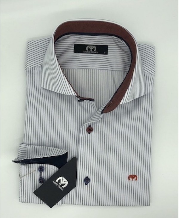 White Base Shirt with Blue Stripes and Bordeaux Details Makis Tselios MAKIS TSELIOS SHIRTS
