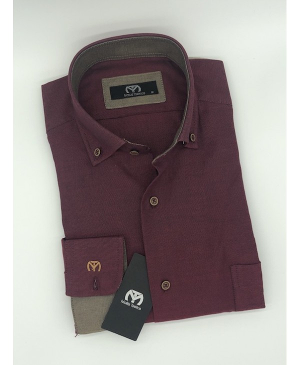MAKIS TSELIOS Monochrome Bordeaux Shirt with Beige Finishes and Buttons as well as Pocket MAKIS TSELIOS SHIRTS