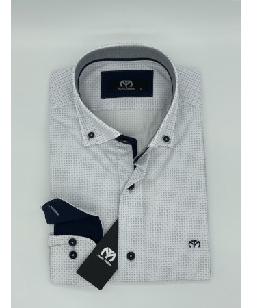 Makis Tselios Shirt with Small Blue Design in Comfortable Line on White Base and Blue Buttons