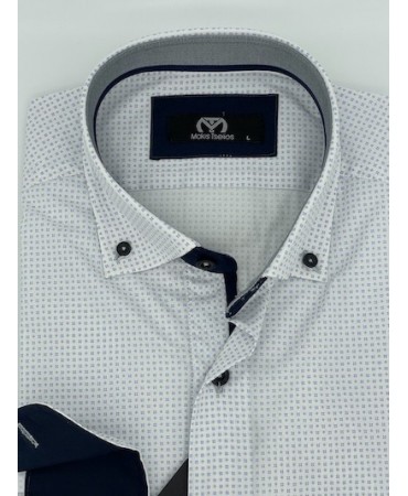 Makis Tselios Shirt with Small Blue Design in Comfortable Line on White Base and Blue Buttons