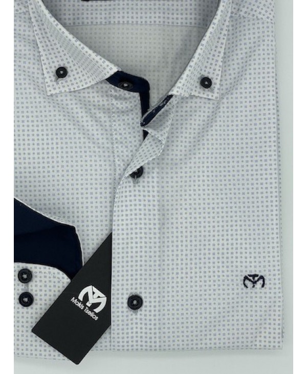 Makis Tselios Shirt with Small Blue Design in Comfortable Line on White Base and Blue Buttons MAKIS TSELIOS SHIRTS