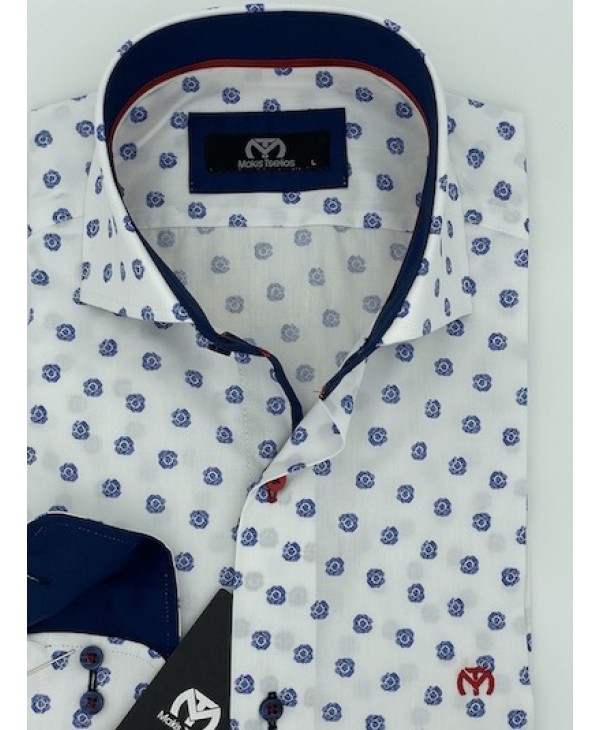 Makis Tselios Shirts with Micro Design Blue on White Base MAKIS TSELIOS SHIRTS
