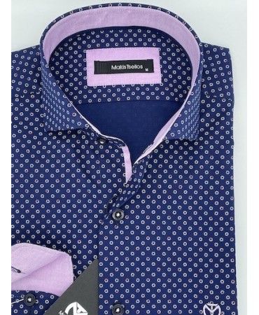 Makis Tselios Shirts with Blue Design with REX Collar and Pink Finish