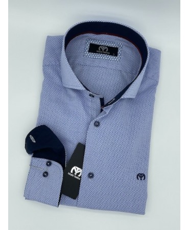 Makis Tselios Shirt Custom Fit σε Γαλαζια Βαση με Λευκο Μικροσχεδιο και Μπλε Τελειωματα