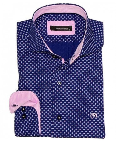 Makis Tselios Shirts with Blue Design with REX Collar and Pink Finish
