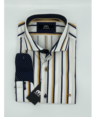 Makis Tselios Striped Shirt in White Base with Blue and Yellow Stripe