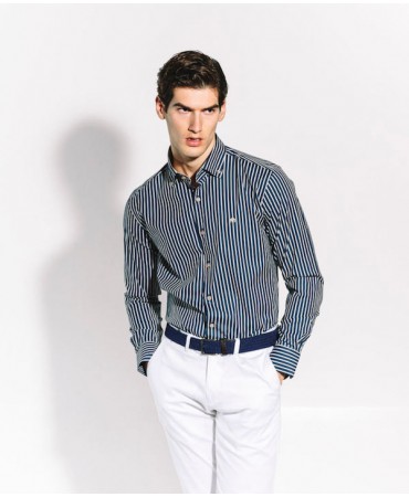Makis Tselios Blue Shirt with Stripes in White Color As well as White Finishes