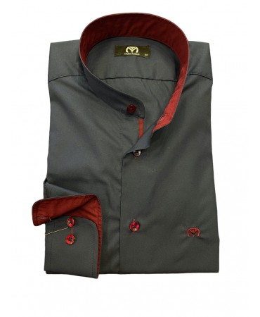 With mao collar men's blue shirt with burgundy trim