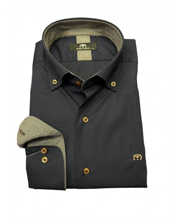 Blue shirt with brown buttons and details inside the collar and cuff in brown MAKIS TSELIOS SHIRTS