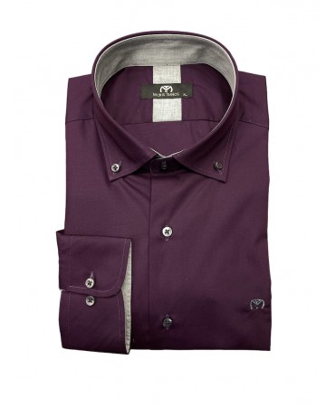 Plain shirt in aubergine color with gray inside collar and cuffs