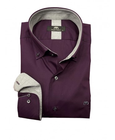Plain shirt in aubergine color with gray inside collar and cuffs