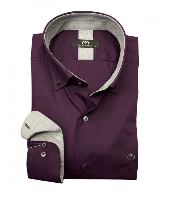 Plain shirt in aubergine color with gray inside collar and cuffs MAKIS TSELIOS SHIRTS