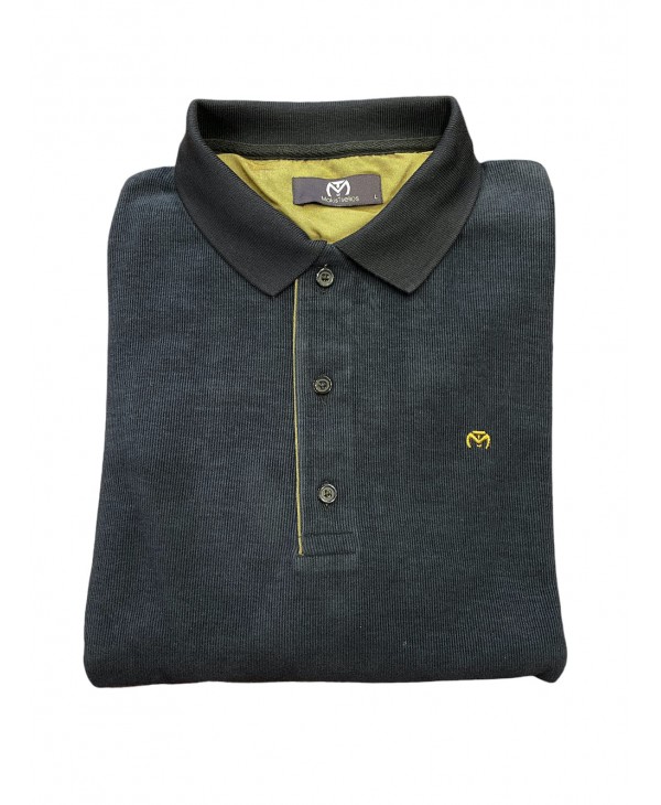 Men's blue base cotton polo shirt with beige placket and straight hem POLO BUTTON LONG SLEEVE