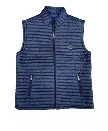 Makis Tselios men's vest jacket in blue color with special finishes in brown color