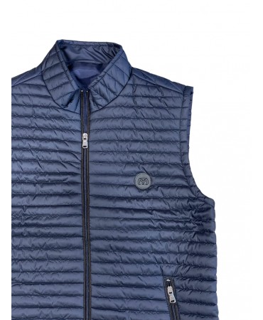 Makis Tselios men's vest jacket in blue color with special finishes in brown color