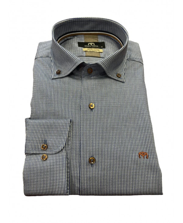 Gray men's shirt with blue and white micro pattern as well as special brown buttons MAKIS TSELIOS SHIRTS