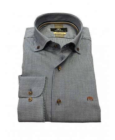 Gray men's shirt with blue and white micro pattern as well as special brown buttons