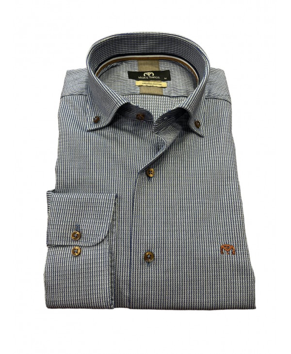Gray men's shirt with blue and white micro pattern as well as special brown buttons MAKIS TSELIOS SHIRTS