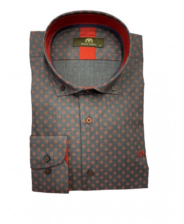 Makis Tselios men's blue shirt with burgundy geometric pattern and special buttons