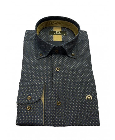 Men's shirt in a blue base with a brown small design as well as brown trim inside the collar and cuff
