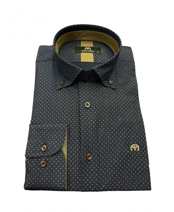 Men's shirt in a blue base with a brown small design as well as brown trim inside the collar and cuff MAKIS TSELIOS SHIRTS