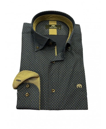 Men's shirt in a blue base with a brown small design as well as brown trim inside the collar and cuff