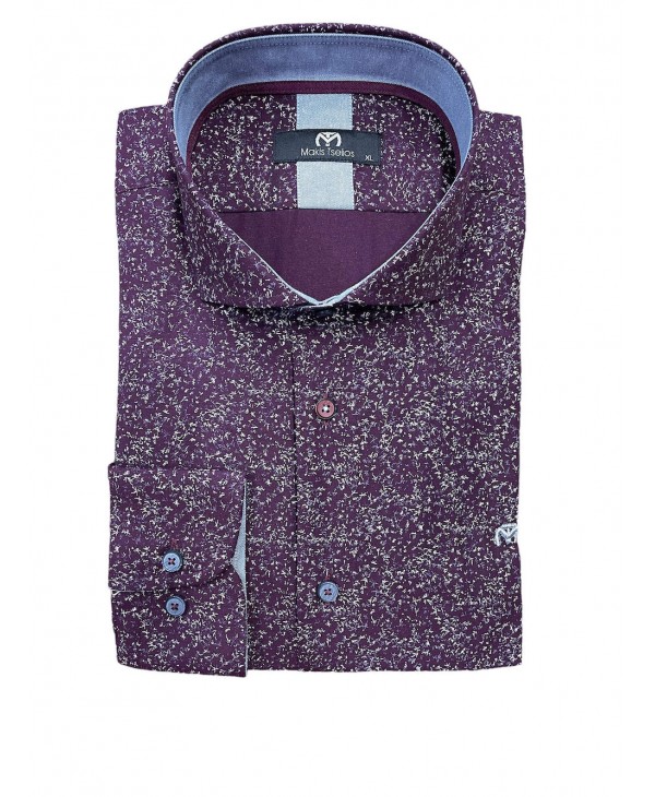 Men's shirt in a burgundy base with a white small pattern and trim inside the cuffs and collar in gray MAKIS TSELIOS SHIRTS