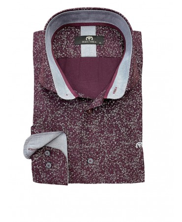 Men's shirt in a burgundy base with a white small pattern and trim inside the cuffs and collar in gray