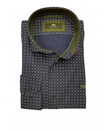 With a small design white and oil men's shirt on a blue base with special buttons