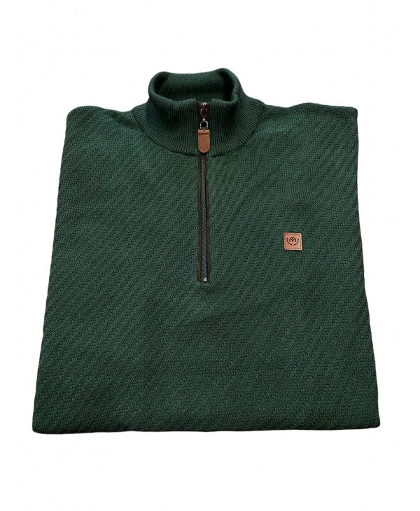 Men's knitted cotton shirt with embossed design in green color with zipper POLO ZIP LONG SLEEVE