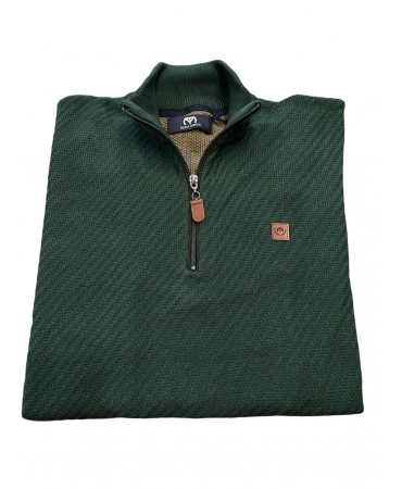 Men's knitted cotton shirt with embossed design in green color with zipper