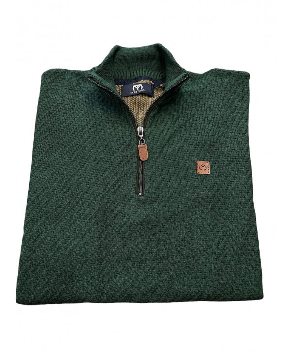 Men's knitted cotton shirt with embossed design in green color with zipper POLO ZIP LONG SLEEVE
