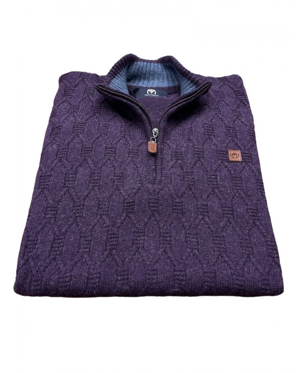 Wool blouse with zip in purple color and embossed design POLO ZIP LONG SLEEVE