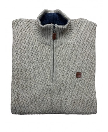 Solid color zip knit with embossed design in beige color