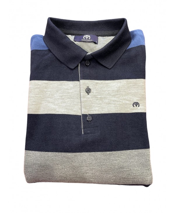 Makis Tselios men's cotton blouse with stripes in charcoal blue and raff POLO BUTTON LONG SLEEVE