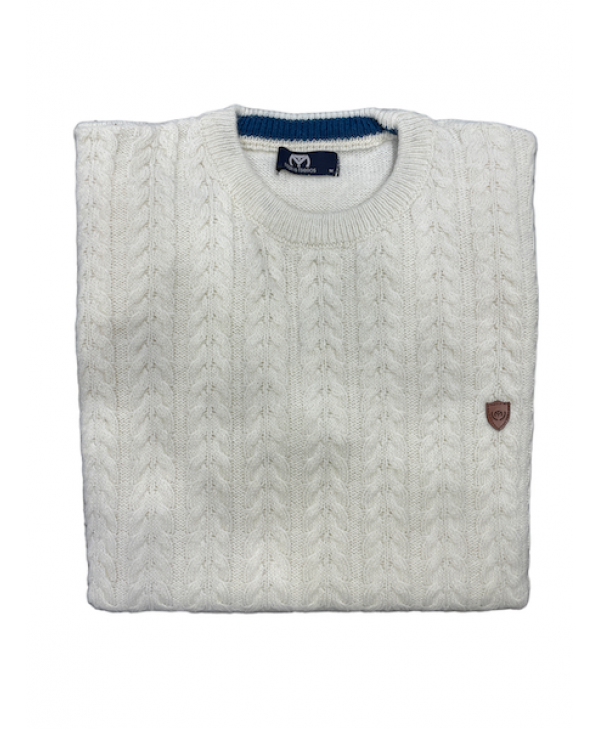 Makis Tselios knitted woolen turtleneck in white color with braids ROUND NECK