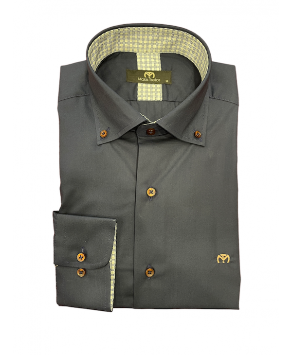 Men's shirt in blue color with brown buttons and checkered small pattern inside the collar and cuff MAKIS TSELIOS SHIRTS