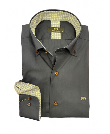 Men's shirt in blue color with brown buttons and checkered small pattern inside the collar and cuff