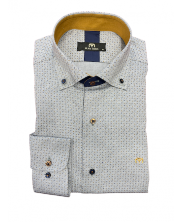 Makis Tselios men's shirts in gray base with small design blue and brown kathos and button on the collar