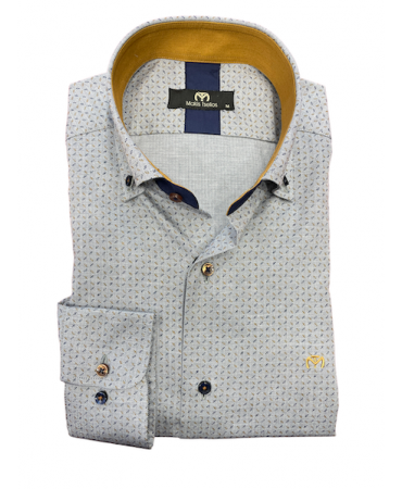 Makis Tselios men's shirts in gray base with small design blue and brown kathos and button on the collar