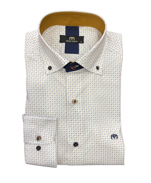 Tselios men's shirts on a white base with a blue and beige small design as well as a taupe color inside the collar MAKIS TSELIOS SHIRTS
