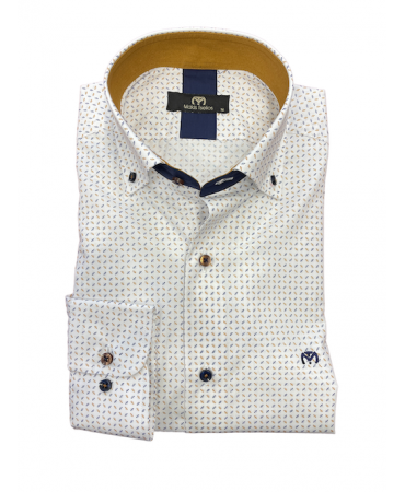 Tselios men's shirts on a white base with a blue and beige small design as well as a taupe color inside the collar