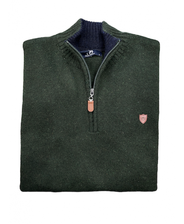 Makis Tselios knit with zipper in cypress color and leather company logo POLO ZIP LONG SLEEVE