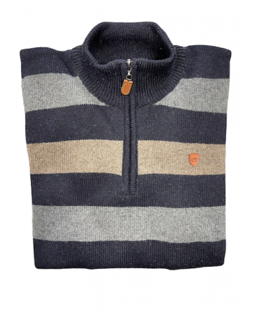 Blue, beige and gray wide striped woolen knit with zipper