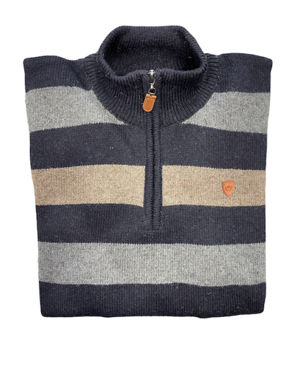 Blue, beige and gray wide striped woolen knit with zipper POLO ZIP LONG SLEEVE