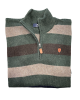 On a green base wool blouse with zipper and wide stripes in beige and brown color Makis Tselios POLO ZIP LONG SLEEVE