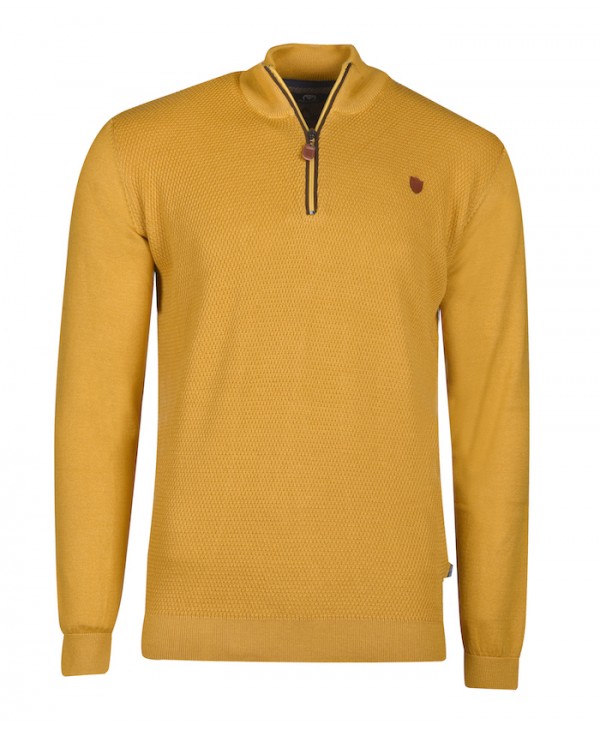 Knitted cotton with embossed pattern and zipper Makis Tselios in yellow color POLO ZIP LONG SLEEVE