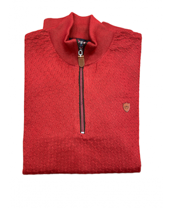 In brick color blouse with zipper and relief design Makis Tselios POLO ZIP LONG SLEEVE