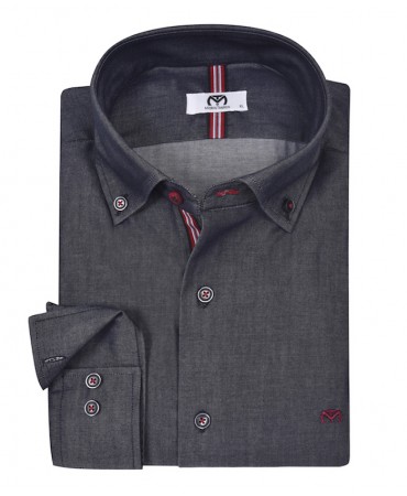Makis Tselios monochrome charcoal shirt with red lining on the inside of the paddles